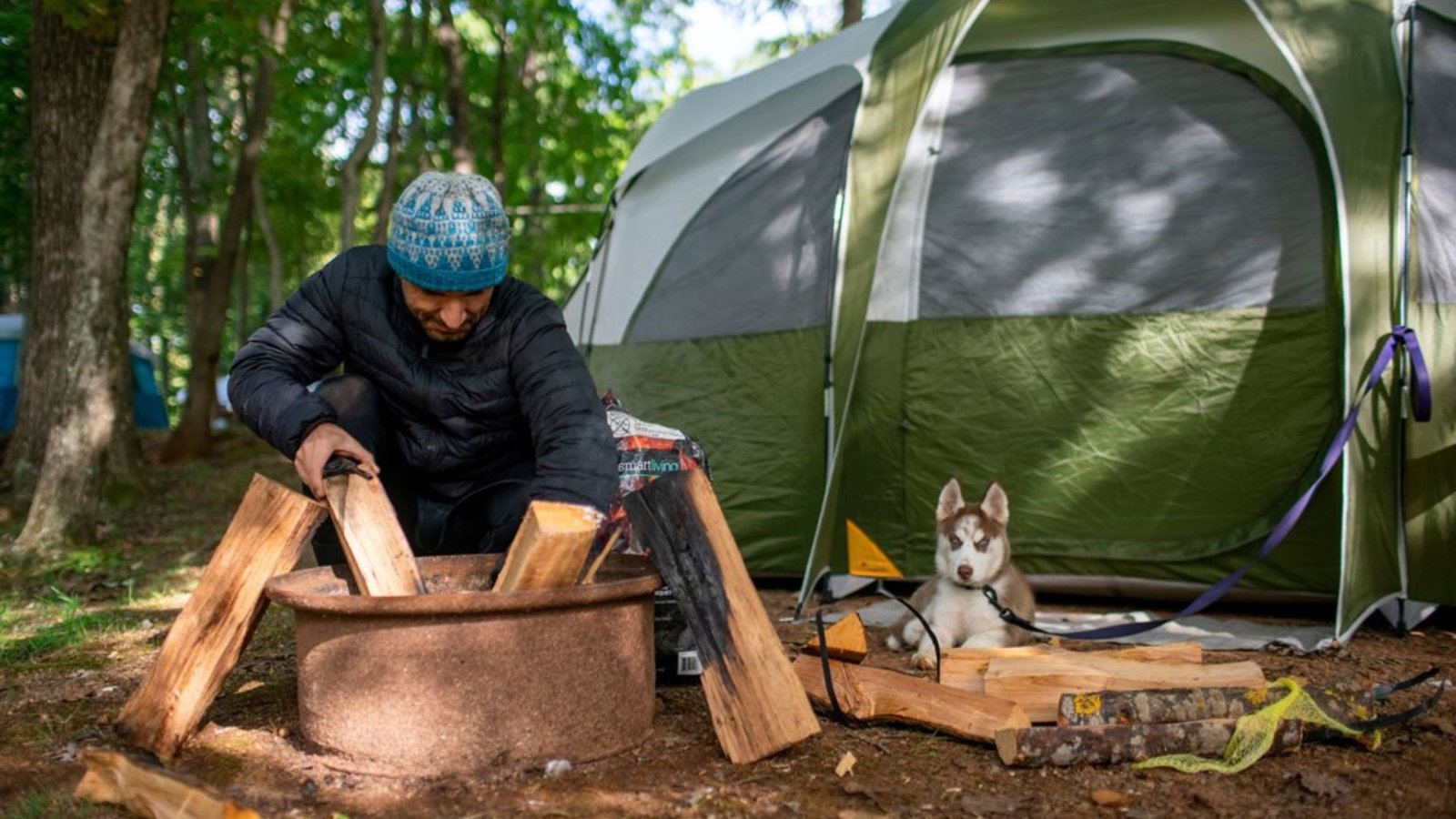 A man camping sustainably in California